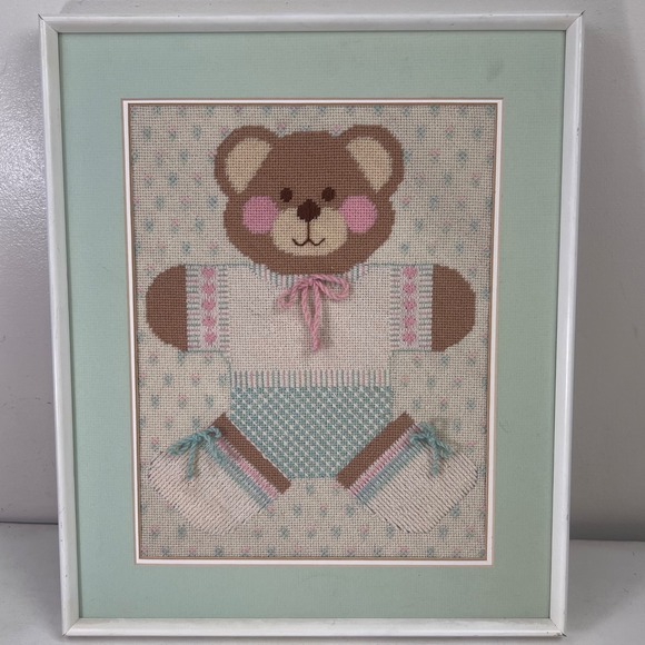 Other - Framed Teddy Bear Needlepoint Art Pastel Nursery Decor‎ Baby Room Embroidery